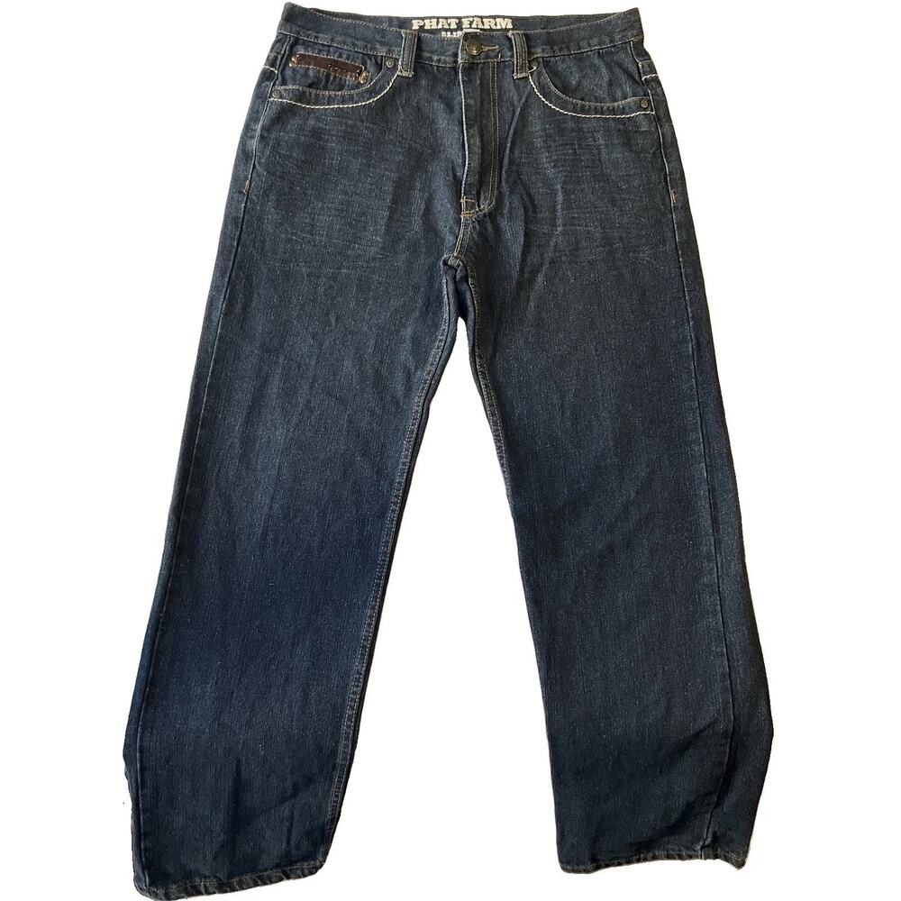Phat Farm Men Jeans 34X32 Dark Blue Denim Back Pocket Embroidery Button Straight